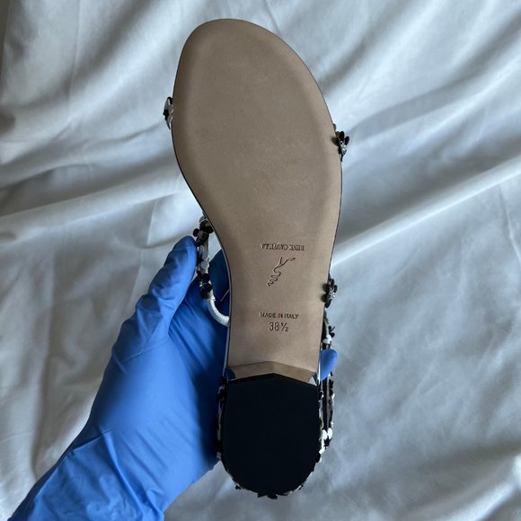 Rene Caovilla White Black Floral Strappy Flat Sandal Size EU38.5 US8.5 - Picture 12 of 16